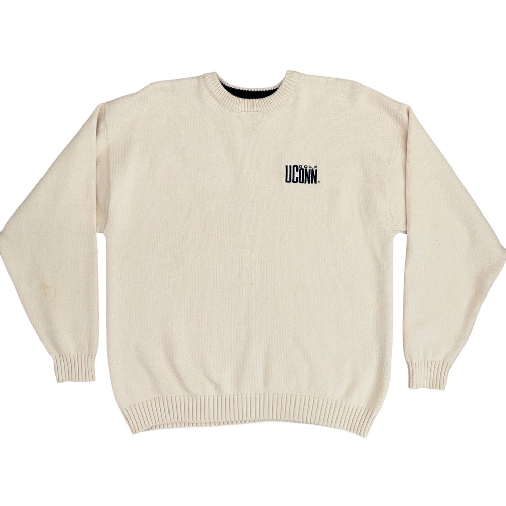 Ahead UCONN Huskies Golf Sweater Mens L Cream‎ Pullover Crew Neck Cotton Read
